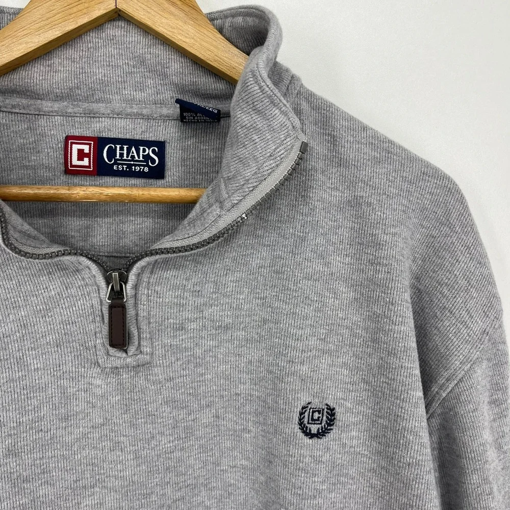 Chaps‎ Mens XXL Gray Ribbed 100% Cotton Quarter Zip Pullover Sweater Logo